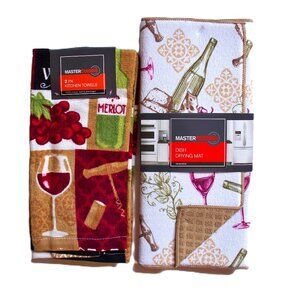 Master Cuisine 2 Kitchen Towels & 1 Dish Drying Mat Set Wine Merlot Design NOS
